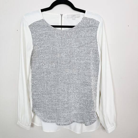 LOFT XSmall XS Cream Gray Tweed Front Mixed Media Long Sleeve Blouse Top Scoop - Picture 1 of 9